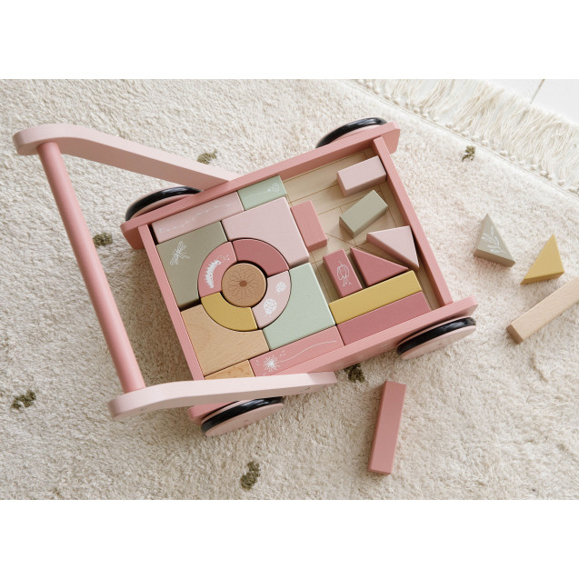 Carucior din lemn cu cuburi - Pink